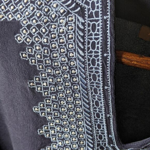 Ann Taylor 100% Silk Embroidered Tunic Blouse Top Navy Blue Top Medium Shirt - Picture 3 of 8